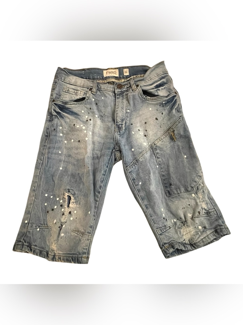 FWRO Light Blue Distressed Paint-Splatter Jean Shorts